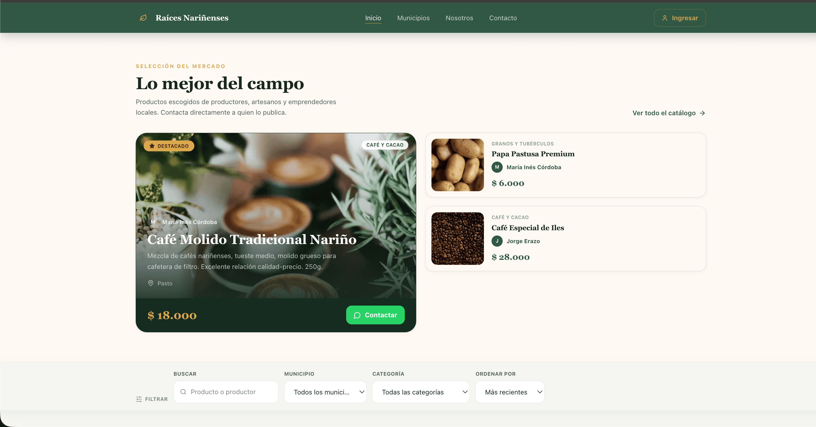 Vista previa de raicesnarinenses.com, nuestro marketplace real para productores de Nariño